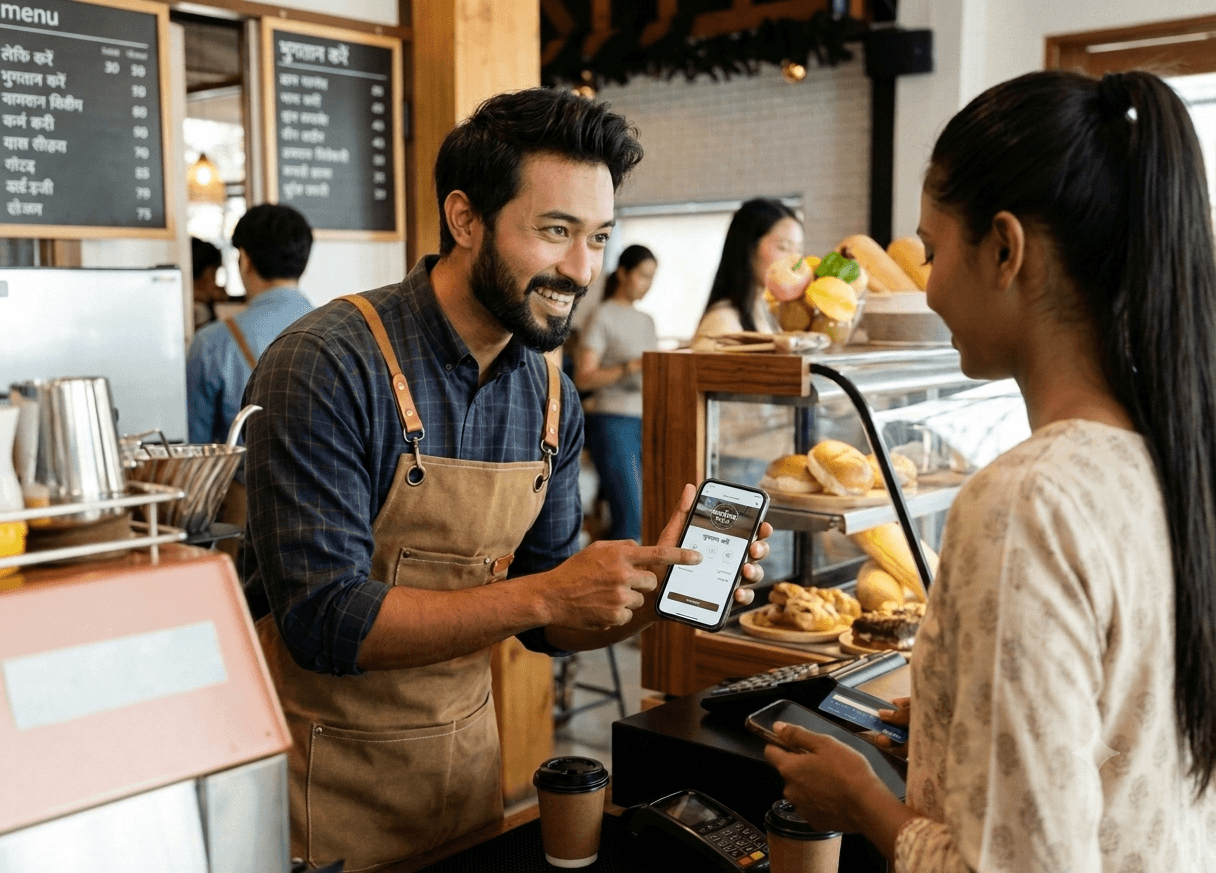 A restaurant owner showing a loyalty program on his phone to a customer at the counter.
