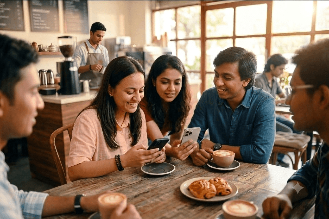 Reglrs relationship-first loyalty experience with friends using their phones together in a cafe.