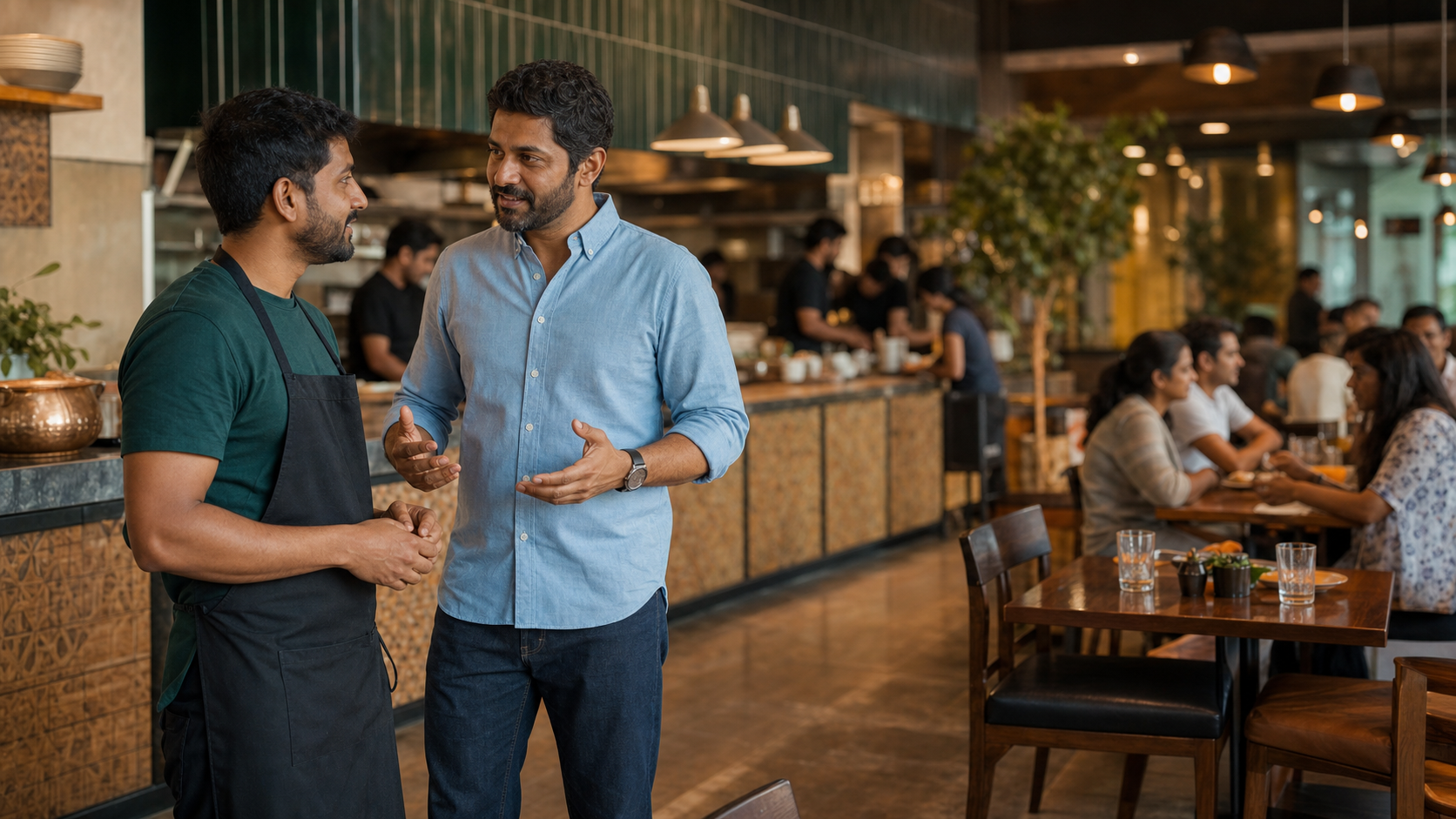 A restaurant owner speaking with a hospitality partner inside a busy restaurant.